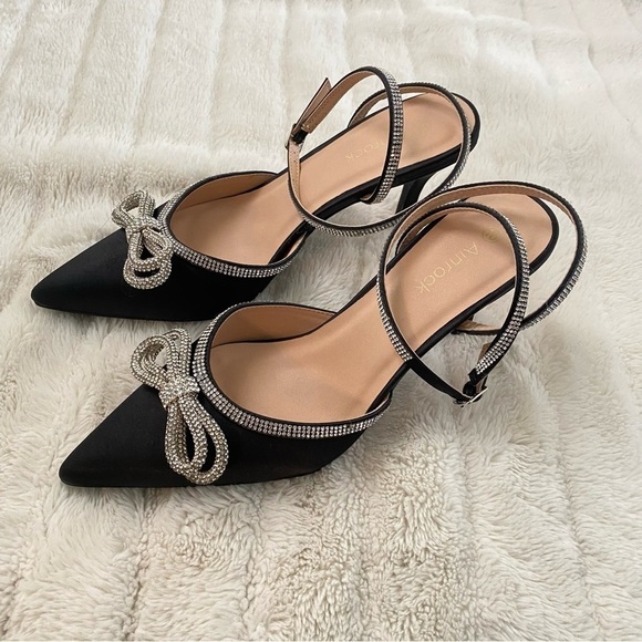 Nwob Rhinestone Bow Pointy Toe Satin Heels Black Silver Size 10 - Picture 3 of 16
